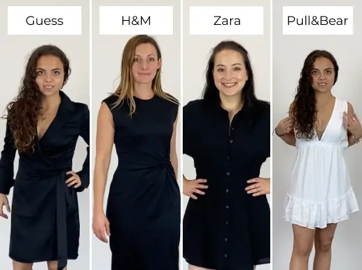 Collage of Moincoins employees testing fast fashion dresses for sustainability