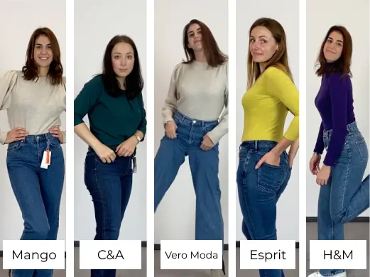 Collage von Moincoins-Mitarbeitern, die Fast-Fashion Jeans auf Nachhaltigkeit testen