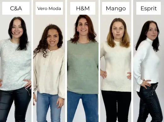 Collage von Moincoins-Mitarbeitern, die Fast-Fashion Pullover auf Nachhaltigkeit testen