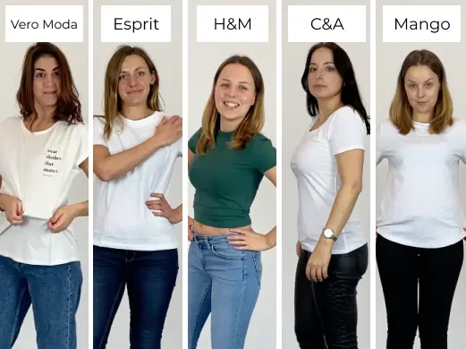 Collage von Moincoins-Mitarbeitern, die Fast-Fashion-T-Shirts auf Nachhaltigkeit testen
