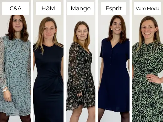 Collage von Moincoins-Mitarbeitern, die Fast-Fashion Kleider auf Nachhaltigkeit testen