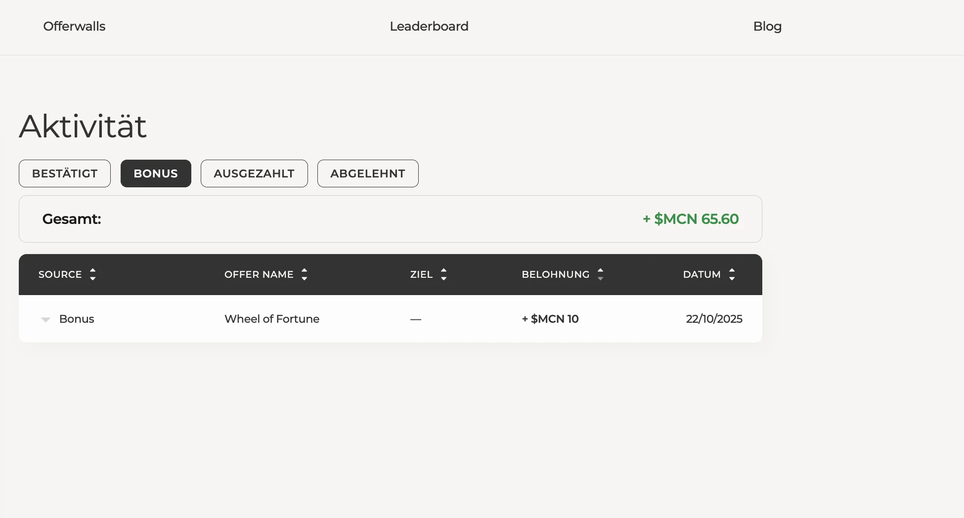 Bonusaktivität im Konto