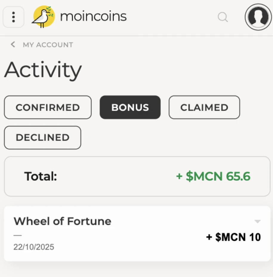 Bonus tab showing Wheel of Fortune reward in Moincoins account