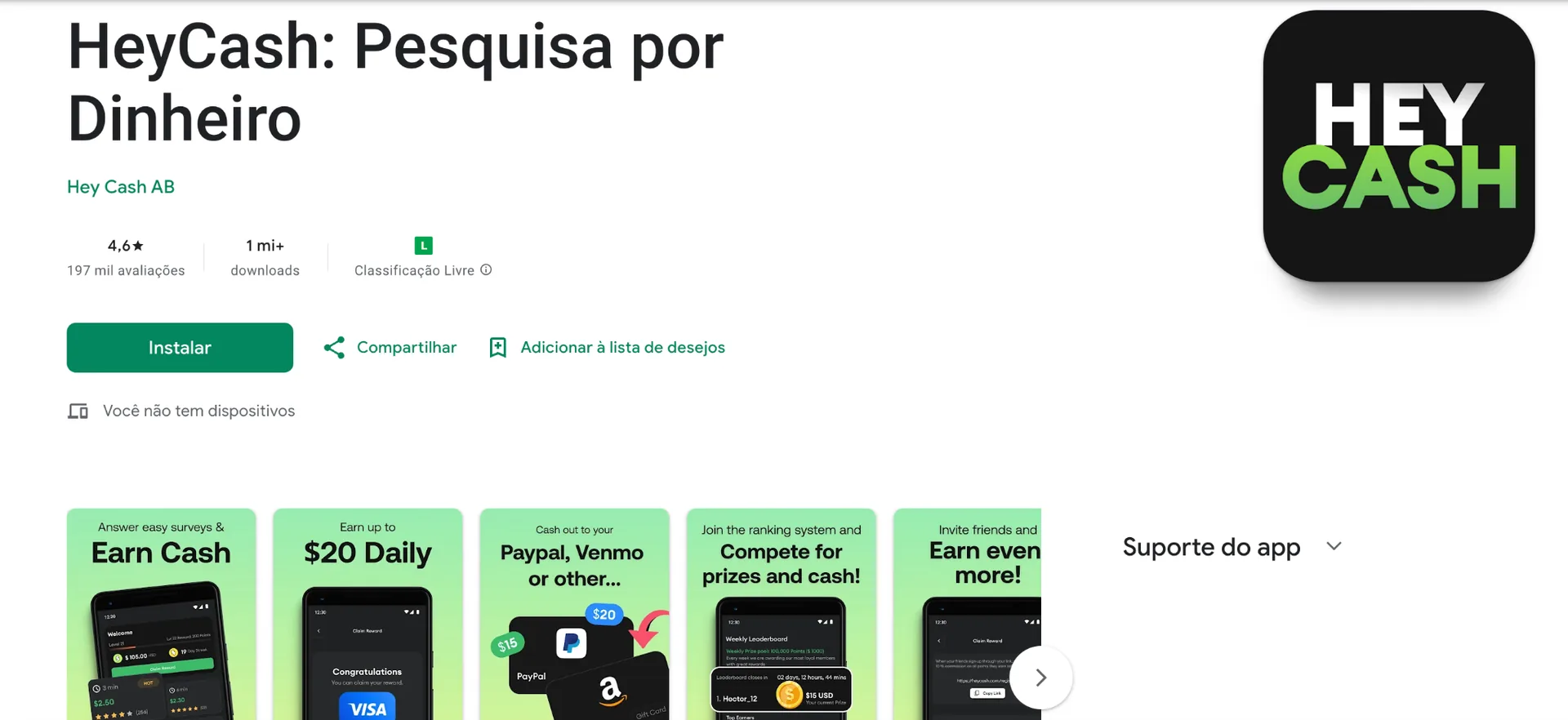 HeyCash app page showing paid surveys