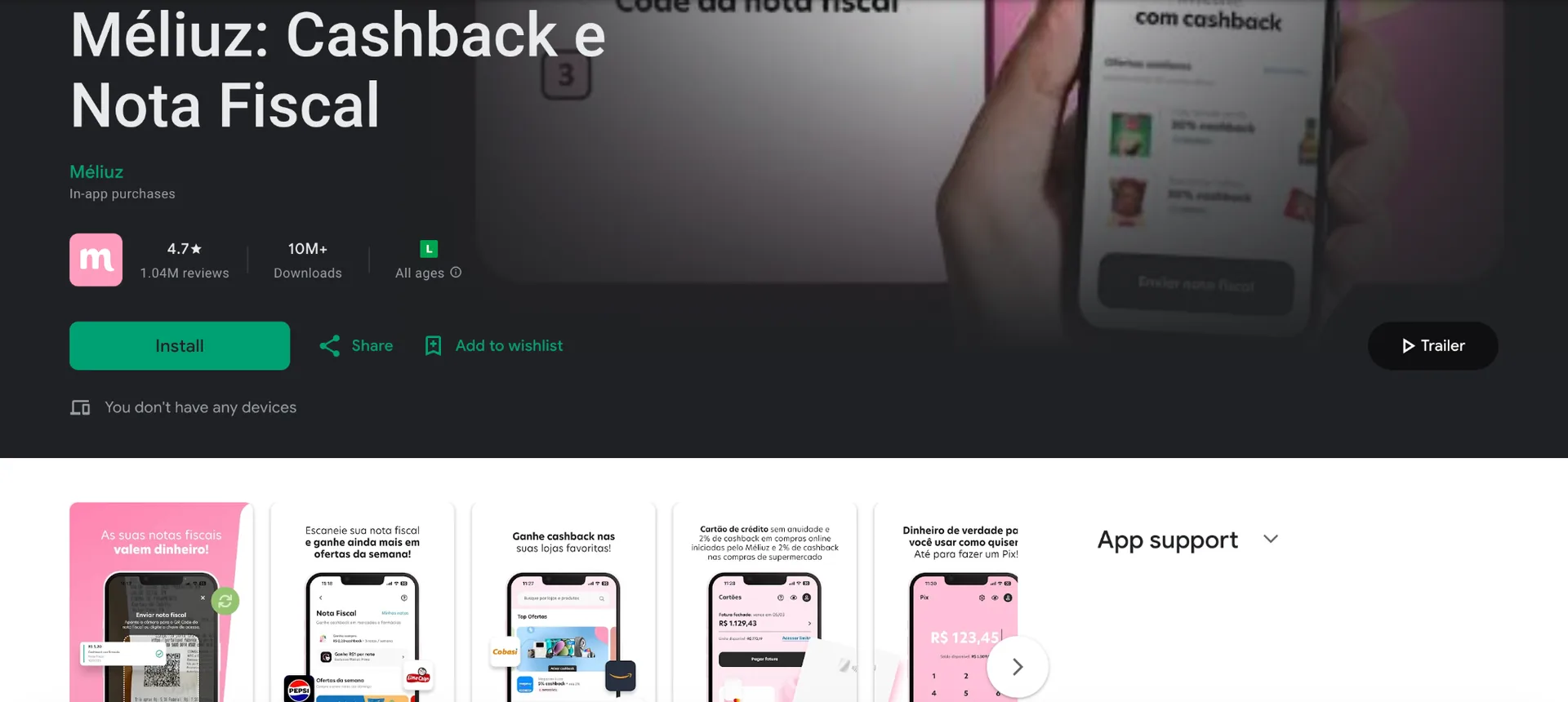 Méliuz app showing cashback rewards