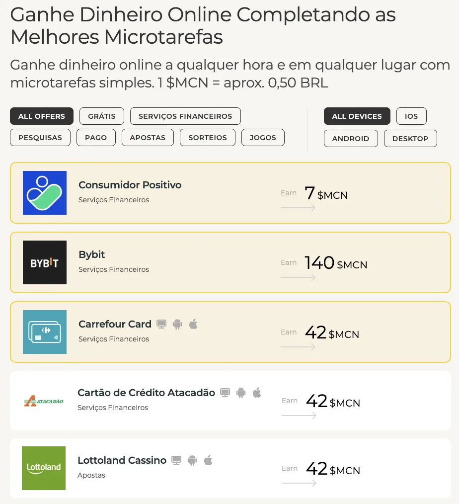 Online microtasks platform showing offers