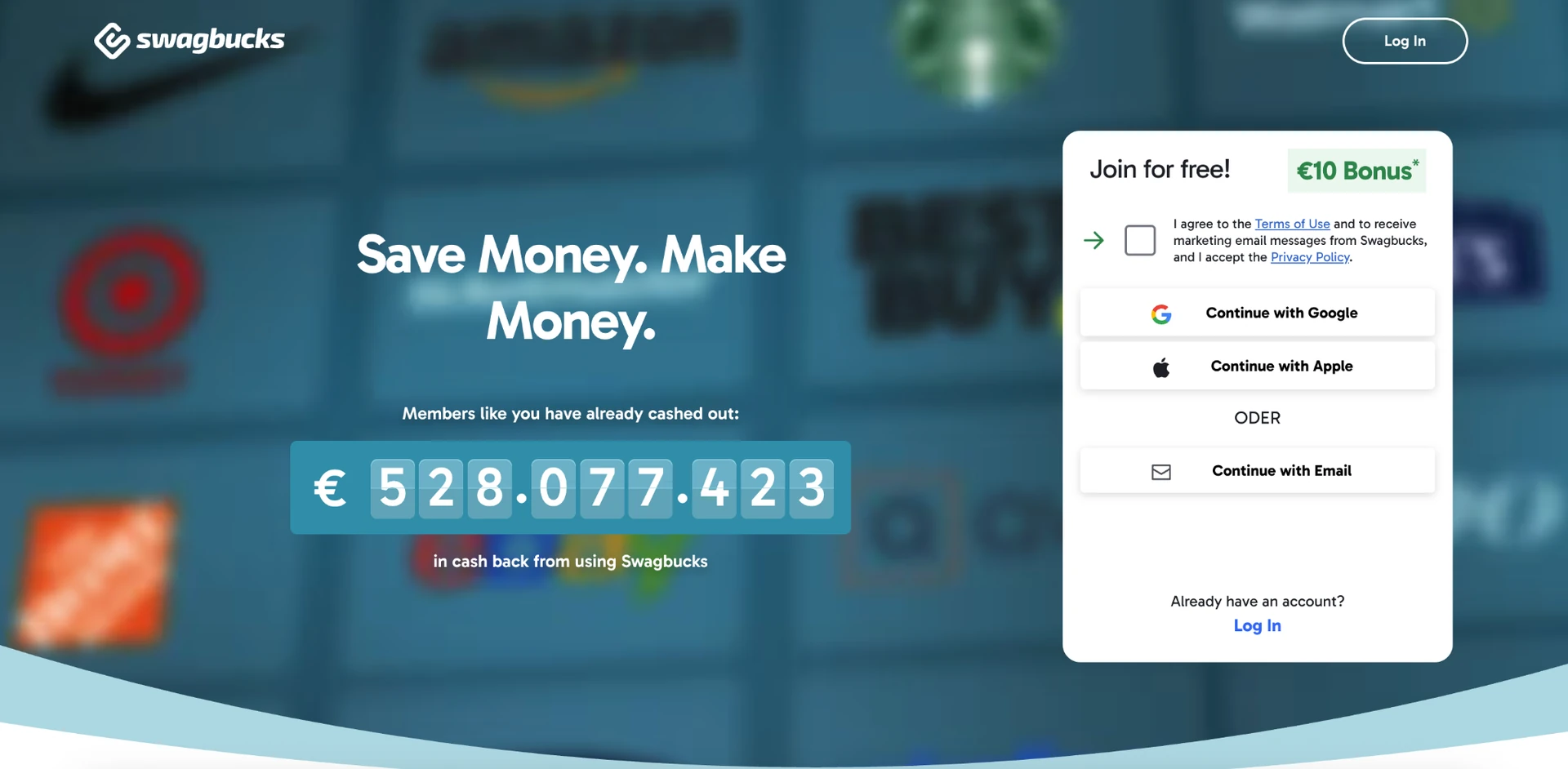Swagbucks sign up page offering cashback