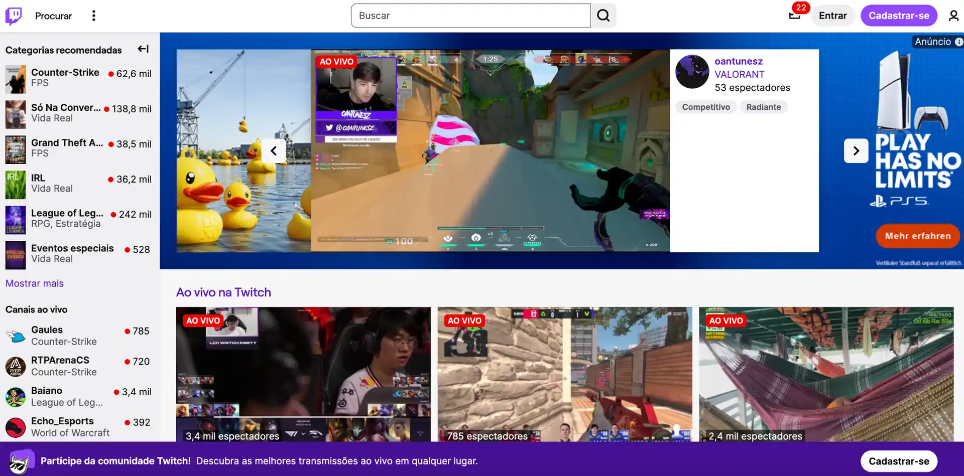 Twitch live streaming page showing popular games