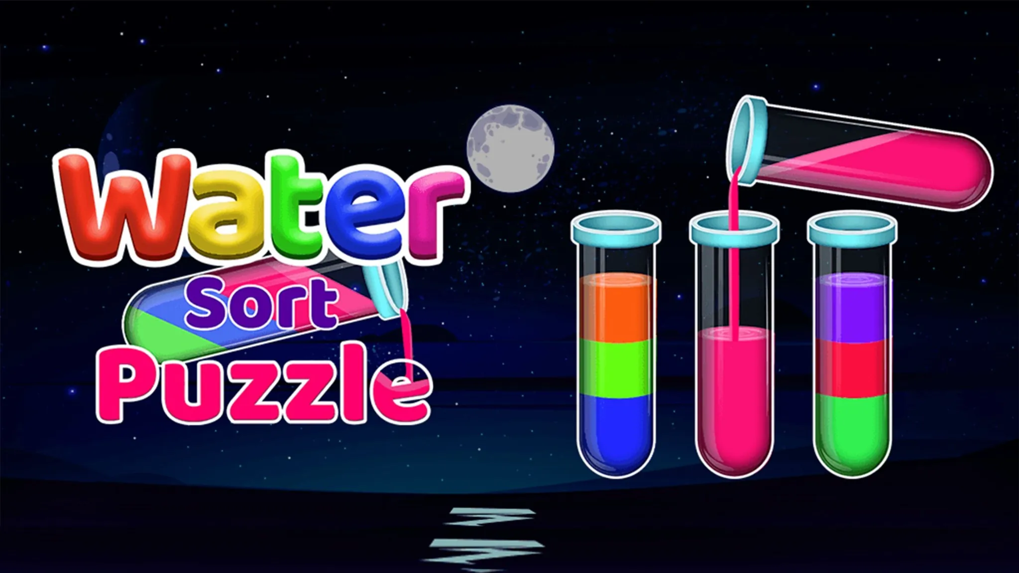 Water Sort puzzle game with colorful test tubes at night.