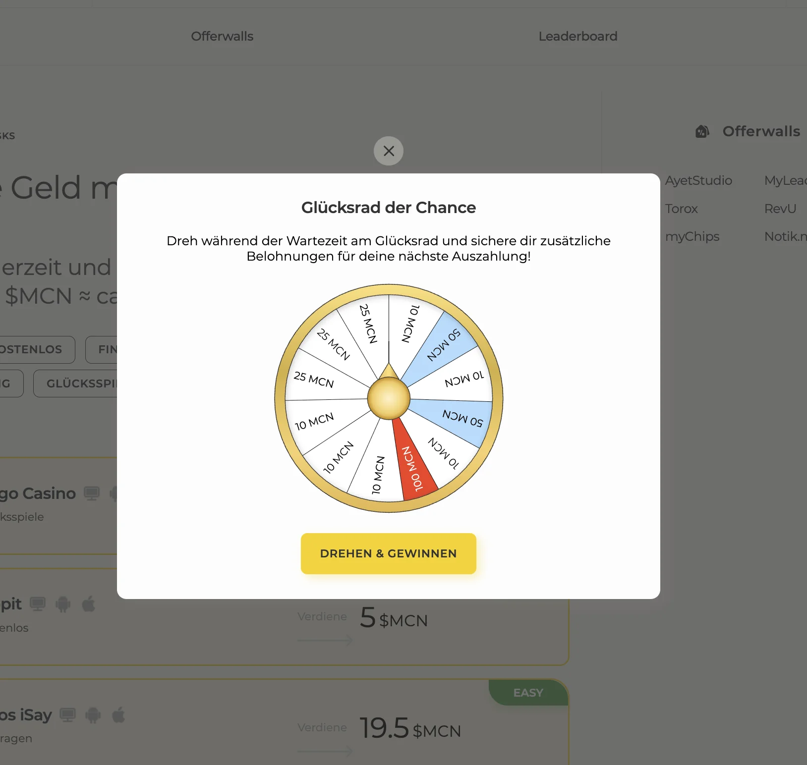 Glücksraddrehung für Bonus MCN