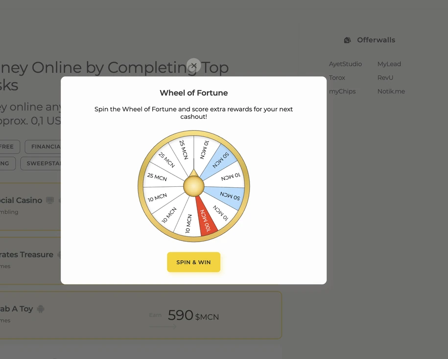 Wheel of Fortune bonus feature on Moincoins showing a colorful reward wheel