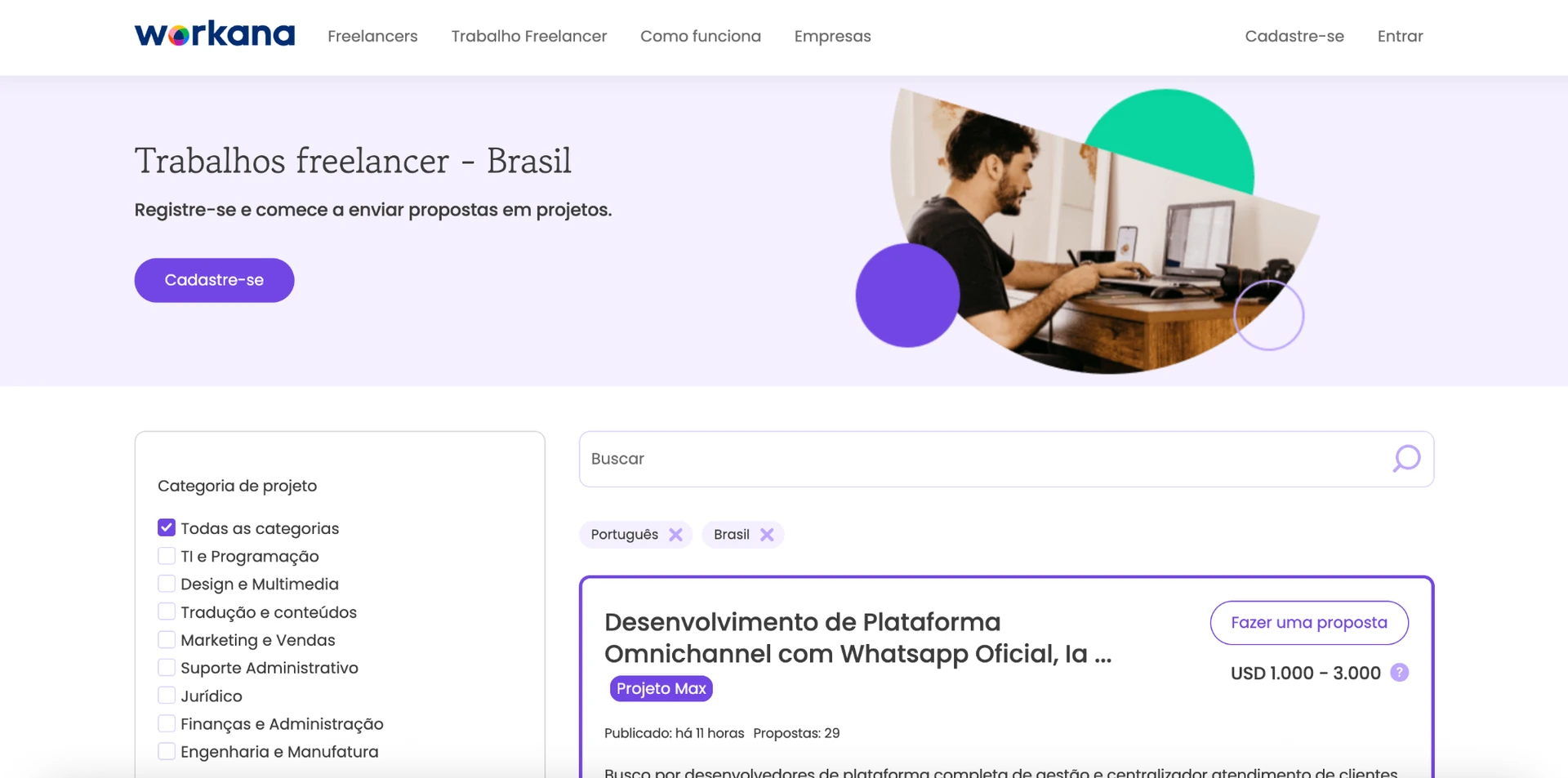 Workana platform showing freelancer job opportunities