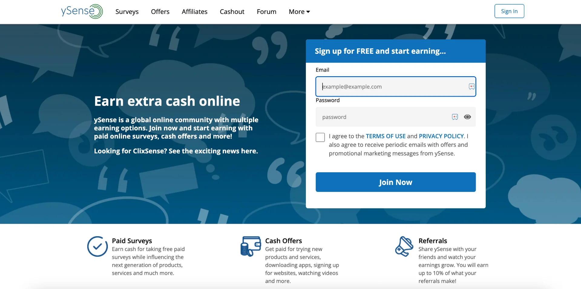 ySense platform to earn extra cash online